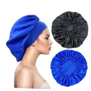 2PCS Large Satin Silk Hair Bonnet for Sleeping,Elastic Wide Band Black,Blue