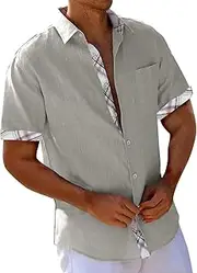 [Generic] Men's Linen Hawaiian Shirts Short Sleeve Casual Plain Shirts Button Down Shirt for Men Beach Summer Wedding Shirt