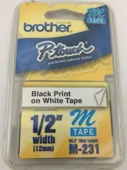Brother P-Touch Black Print on White Tape M-231 1/2" M Tape