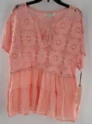 Penelope Rose Crochet Woven Top Blouse Peach Size Medium Tassels Ruffle Babydoll