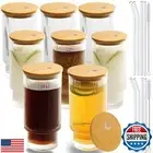 CAYOREPO 8 Pcs 16oz Ribbed Drinking Glasses with Bamboo Lids and Straws, Ribb