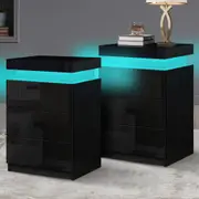 Alfordson 2x Bedside Table RGB LED Nightstand 3 Drawers 4 Side High Gloss Black