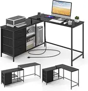 Giantex L-Shaped Computer Desk with Power Outlet, Convertible Corner Desk with 3 Fabric Drawers & Metal Mesh Shelves, 205 cm Long Office Desk for Working, Studying, Gaming (Black)