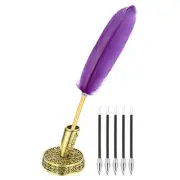 Light Purple Feather Ballpoint Pens, Writing Pens with 5pcs Refill, Gold