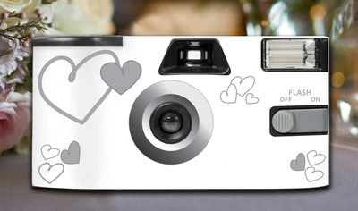 10 x Silver Heart Disposable Cameras 27exp, flash & matching table cards