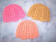 3 Hand Crochet Beanie Hats For The American Girl Doll (Pink- Light Gold - Peach)