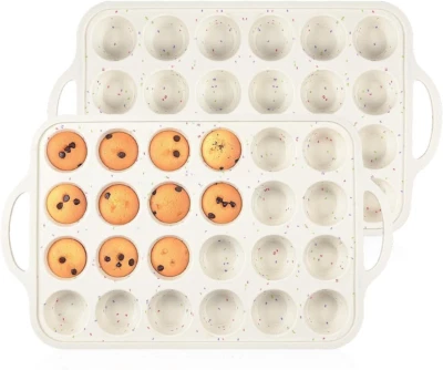 Nonstick Mini Muffin Pan Set - 24 Cup Silicone Molds with Handles, 2 Pack