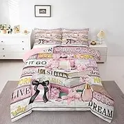 Erosebridal Pink Fashion Floral Queen Comforter Set for Girls Women Kids Girly Fantasy Aesthetic Modernas Bed Set Boho Funny Cute Paris Bedding Perfume Preppy Dreamy Bow Quilt,Pink and Black