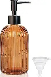 GKSCXEXE 400ml Amber Glass Soap Dispenser with Plastic Pump & Funnel, Liquid Hand Wash Dispenser for Bathroom Kitchen, Refillable Pump Bottle Dispenser for Hand Soap, Dish Soap, Shampoo, Lotions
