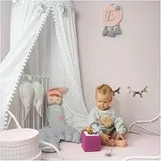 LOAOL Kids Bed Canopy with Pom Pom Cotton Canopy for Crib Baby Girl Netting Cover Canopy Crib Curtain Reading Nook Hanging Tent Nursery Play Game Castle House Decoration (White Pompom)
