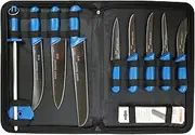 Starrett Professional Butchers Knife Set - 11 Pieces Stainless Steel Blue Ergonomic Handles Kitchen Chef Knife - Includes Boning Skinning Steak Knives Protector Stone