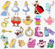 Set of 21 mixed alice in wonderland edible cake images, NOT PRE CUT