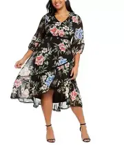 Taylor Womens Printed Chiffon A-line Dress, Black, Plus Size, 14W