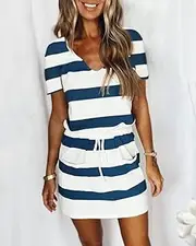 Diewu 2022 Amazon Europe and e United States Foreign Trade Summer New Women's Cross-Border hot s le Drawstring Skirt Short-Sleeved Striped Dress Navy Blue XL