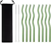 JASHII Green Wavy Glass Straws 8pcs 7.87" x 0.31" Reusable Glass Drinking Straws with Black Pouch, Multicolor Glass Straws for Drinking Beverages Coffee Milk Tea
