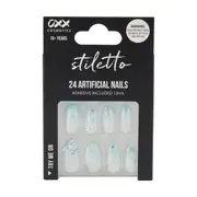 OXX Cosmetics 24 Pack Artificial Nails with Adhesive - Stiletto Shape, Butterfly Dusk