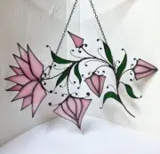 Abstract Pink Magnolia Flowers on Branch Stained Glass Suncatcher Window Hanging
