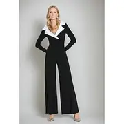 Black and White Jumpsuit / Pantsuit Mother of the Bride Jumpsuit Elegant Simple Minimalist V Neck Lapel Ankle Length Crepe Stretch Fabric Long Sleeve with Colo