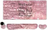 ToLuLu Extended Gaming Mouse Pad, Memory Foam Ergonomic Keyboard Mouse Wrist Rest Support Set, Large Desk Mat with Stitched Edges, Non-Slip Base Mousepad for Home Office Game, Pink Stay Positive