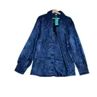 Vatpave Womens Blue NEW Lace Up Shiny Satin Floral Jacquard Long Sleeve Top Sz L