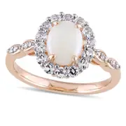 Oval Opal, White Topaz and Natural Diamond Accent Frame Ring in Solid 14K Rose Gold