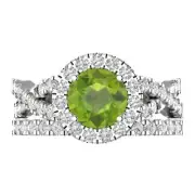 2.4 ct Round Cut Halo Natural Peridot Promise Bridal Band set 14k White Gold