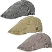 [Besforta] 3Pcs Men's Newsboy Caps Wash Cotton Lightweight Scally Cap for Men Adjustable Flat Cap