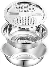 Leefasy 3 in 1 Drain Basket Vegetable Cutter Stainless Steel Basin with Grater Vegetable Slicer Salad Maker Bowl for Carrots Garlic
