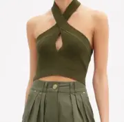 BALMAIN Twisted-Halterneck Stretch-Knit Cropped Top in Olive Green Size 42 NWT