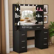 Vanity Set 7 Drawers Black Makeup Desk Dressing Table Set w/ LED Lighted Mirror