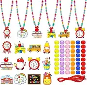 DTOFOOT 24 Set Welcome Back to School Craft Kit, DIY First Day of School Bead Necklaces Apples Bus Pencil Books Crafts for School Classroom Activity Party Favor
