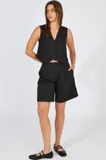 Black Linen Waistcoat - Size 12, Women's Jacket