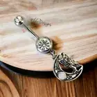 14g White Sparkle Cz Dangle Black Burnished Owl Crescent Moon Belly Button Ring