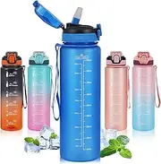 SEASEVEN 1L Water Bottle with Straw,Plastic Drinks Bottle,1 Litre Sports Water Bottles with Time Markings,Girls Boys Waterbottle Leak-Proof & Bpa-Free for Gym,Cycling, Office (Blue)
