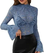 [Generic] Mesh Sheer Shirts for Women Sexy Lace Floral Embroidery Blouses Long Sleeve Mock Neck Layering Tops Sheer Tops