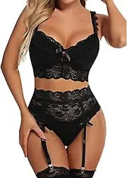 [Generic] Plus Size Lingerie for Women Chemise Women Sexy Sheer Floral Lace Pajamas Lingerie Set High Waist Sleepwear Bra and Panty 3 Piece Nightwear S XXL Your Side of The Bed Lingerie