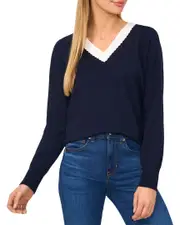 CeCe Deep V Contrast Trim Sweater