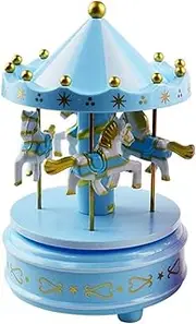 Kids Toys Round Geometric Music Decoration Gift Unisex Wooden Christmas Horse Carousel Box Home Decoration (Colo. (Color : Blue)