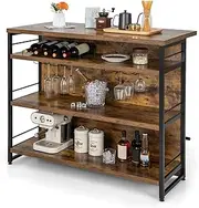 Giantex Industrial Home Bar Unit, 4-Tier Liquor Bar Cabinet w/ 3 Open Shelves, Wine Rack & Stemware Holders, Kitchen Island with Footrest & Adjustable Foot Pads for Pub Kitchen, Rustic Brown