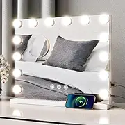 Vanity Makeup Mirror with Lights Hollywood LED Mirror with USB c Port, Smart Touch Control Screen, Dimmable LED Bulbs Stable Base Table Top/Wall Mounted Mirror (White, 50x42cm)