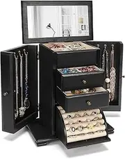 [Generic] Jewelry Box for Women, Rustic Wooden Jewelry Boxes & Organizers with Mirror, 4 Layer Jewelry Organizer Box Display for Rings Earrings Necklaces Bracelets (Black)