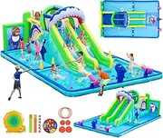 FBSPORT Inflatable Bounce House Water Slide Park, Double Slide Bouncer Castle with 550W Air Blower, Climbing Wall, Jumping Area, Toss Rings, Basketball, Splash, Bouncy House for Backyard Outdoor