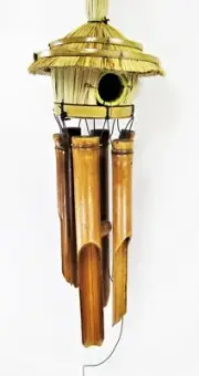 Wicker Bird House Hand Crafted wood & Bamboo Wind Chime Porch or Patio Decor (B)