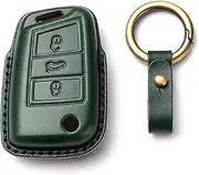 HIBEYO Leather Key Fob Cover Compatible with VW Golf 7 MK7 Polo GTI 2021 Tiguan 3 Button Smart Car Key Full Protective Replacement Shell Folding Remote Key Fob Case Keyless Auto Keychains-Green