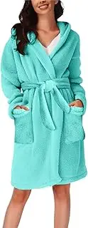 [Generic] Womens Nightgowns Long Sleeve Pocket Hooded Knee Short Plush Pajamas Robe Homewear Bathrobe Sleep Wear Women