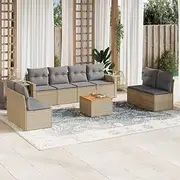 9 Piece Beige Poly Rattan Garden Sofa Set with Cushions, Patio Furniture for Outdoors, Balcony, Porch, Table and Chairs, Seating Sets