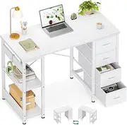 [ODK] 40Inch Computer Desk with 4 Fabric Drawers and 2 Storage Shelves,Reversible Office Desk with Headphone Hook & Metal Legs,Modern Study Table, Suitable for Home Office, 100 * 40 * 75.7, White