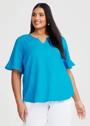 [Taking Shape] Taking Shape Cotton Linen Flutter Sleeve Top Size 14 in Turquoise - Plus Size Women's Clothing Turquoise