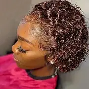 NEWIGOO Pixie 4x4 Glueless Human Hair Wig Pre Pre Curly Short Bob Style Brown (Chocolate Brown)