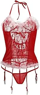[Generic] Sheer Mesh Bodysuit for Women Lingerie Lace Chemises Set Bodysuit Sexy Nighties with Underwire Bra